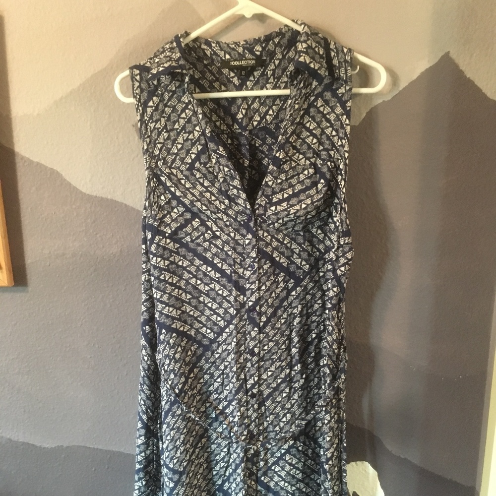 Blue tribal print midi sleeveless collared dress